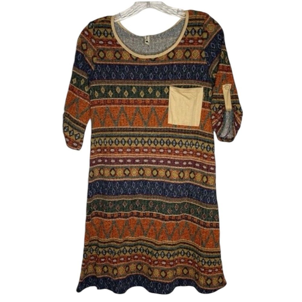 Pomelo Orange Blue Multi Color Aztec Southwest Print Roll Tab Sleeves Pocket M